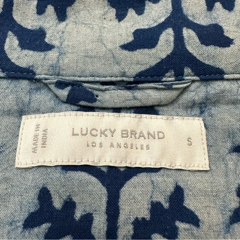 Lucky Brand Leaf Print Button Up Cotton Shirt Men’s Size S Blue Indigo